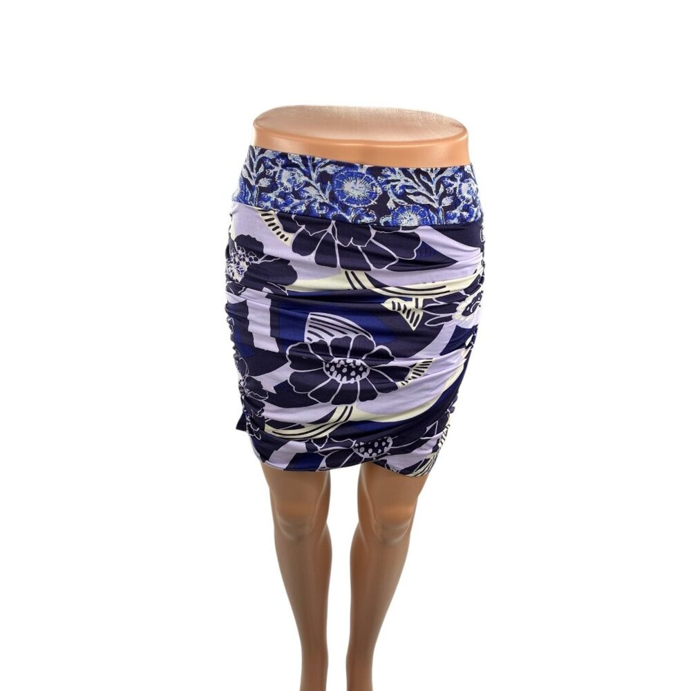 Free People Womens XS Mini Skirt Purple Floral Print Ruched Stretch Boho Chic